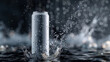 A mpck up  aluminum can emerges from a dynamic splash of water against a dark, bokeh background, highlighting its sleek metallic surface with droplets suspended in motion around it.