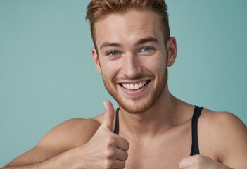 Wall Mural - A cheerful shirtless man gives a thumbs up. His bright smile and athletic build convey confidence and vitality.