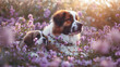 Cinematic photograph of saint bernard dog and baby in a field full of blooming flowers. Mother's Day. Pink and purple color palette.