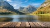 Fototapeta Perspektywa 3d - Rustic Retreat: Empty Wooden Table Set Against Autumn's Majestic Mountain Lake
