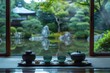 Traditional Japanese tea ceremony, with delicate teacups, intricately designed sweets, and the serene beauty of a Japanese garden in the background. 