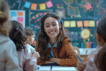 Happy teacher talking to her students while giving math lesson in the classroom