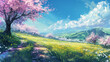 Beautiful fantasy landscape field full of spring with anime style color. Generative Ai