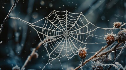 Wall Mural - a close up of a spider web on a tree branch with dew droplets on the spiderwefe's web.
