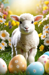 Sticker - Cute easter lamb and colorful easter eggs in spring meadow with flowers