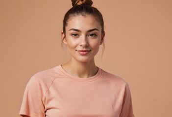 Wall Mural - A casual young woman in a peach t-shirt smiles subtly. The plain background highlights her relaxed demeanor.