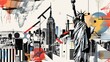 Statue of Liberty and New York, cityscape double exposure contemporary style minimalist artwork collage illustration. Ai generative.
