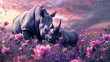 Cinematic photograph of rhino and baby in a field full of blooming flowers. Mother's Day. Pink and purple color palette.