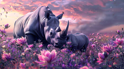 Wall Mural - Cinematic photograph of rhino and baby in a field full of blooming flowers. Mother's Day. Pink and purple color palette.