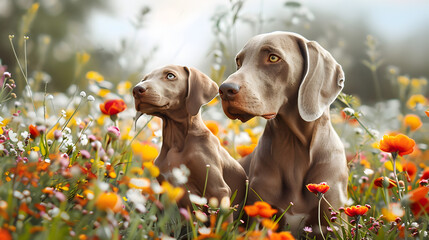 Wall Mural - Cinematic photograph of Weimaraner dog and baby in a field full of colorful blooming flowers. Mother's Day.