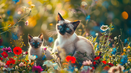 Wall Mural - Cinematic photograph of siamese cat and baby in a field full of colorful blooming flowers. Mother's Day.