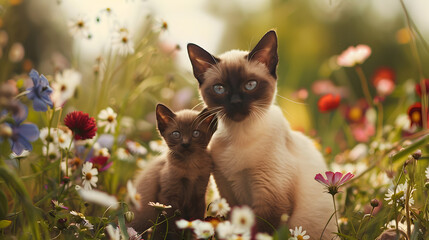 Wall Mural - Cinematic photograph of siamese cat and baby in a field full of colorful blooming flowers. Mother's Day.