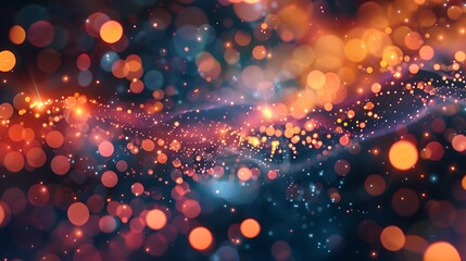 Wall Mural - Glowing orange and blue particles of light move through a dark space.