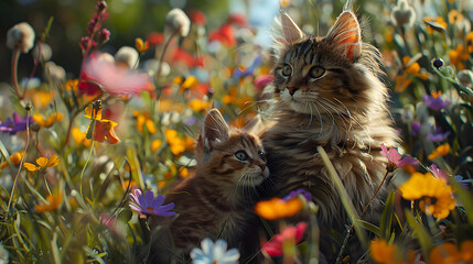 Wall Mural - Cinematic photograph of hairy catand baby in a field full of colorful blooming flowers. Mother's Day.