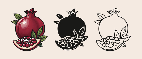 Pomegranate fruit with leaves vector illustration. Isolated white background. Red garnet. Silhouette garnet.