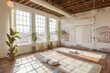 Explore the serene ambiance of a yoga haven featuring a bright white palette, textured brick wall, and expansive window, inviting tranquility and fitness.