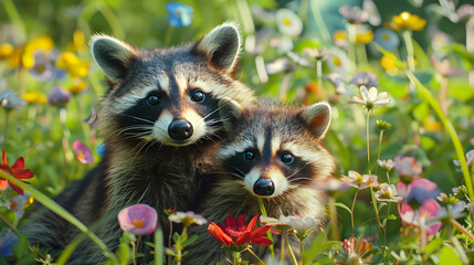 Wall Mural - Cinematic photograph of Raccoon and baby in a field full of colorful blooming flowers. Mother's Day.