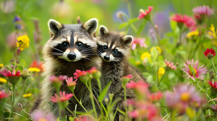 Wall Mural - Cinematic photograph of Raccoon and baby in a field full of colorful blooming flowers. Mother's Day.