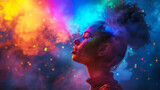 Fototapeta  - Woman with Vibrant Color Powder Aura
A woman surrounded by an explosion of multicoloured powder and lights.
