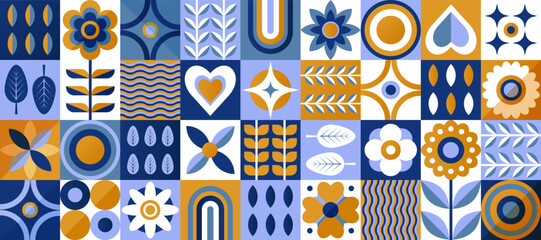 Poster - Geometric flat composition of plants, natural abstract decorative art, web banner and poster with ornamental tile pattern. Vector illustration.