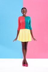 Wall Mural - Fashion, studio or portrait of black woman with color block, trendy and stylish outfit with smile. Unique, different or happy African model with edgy, classy or retro style for cool vintage aesthetic