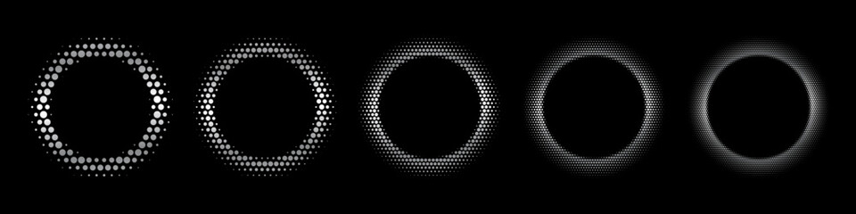 Poster - Silver dotted luxury halftone round frames. White shining abstract background with light glow elements. Glitter pattern circle logo. Modern futuristic graphic vector illustration set