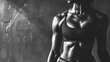 © CinimaticWorks - awe-inspiring black and white photo featuring the torso of a very muscular young woman with copy space, promoting strength and empowerment