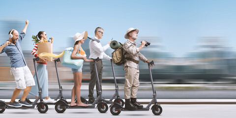 Poster - Crowd of diverse people riding electric scooters in the street