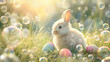 Easter bunny and Easter eggs with fancy bubble on green grass field in spring. generative ai