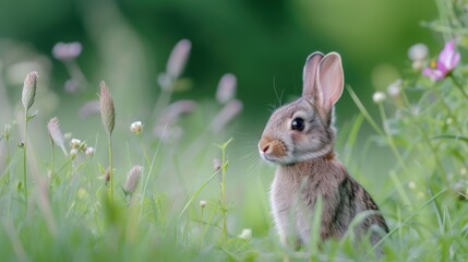 a rabbit sitting in the middle of a field of grass and wildflowers, with a blurry background.
