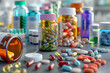 Medical concept - colorful bottles with diffeernt types of drugs and pills