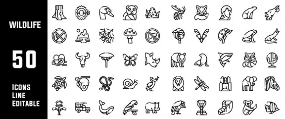 50 Wildlife Icons Set Line Editable Vector Illustration