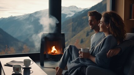 Poster - A happy young couple, a family with cups of coffee, tea, relaxing by the fireplace overlooking the mountains. Horizontal Banner, Nature, Travel, Lifestyle, Summer, Copy Space.
