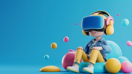 Virtual reality concept. A cartoon-styled child sitting comfortably among colorful balls, wearing a VR headset and headphones, immersed in a virtual experience with a bright blue background.