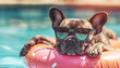 French Bulldog in fency sunglasses floating in swimming pool in Inflatable ring during summer extremely hot heats temperatures. Ridiculous cute dog portrait . Lovely pets concept image.