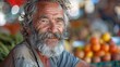 portrait of man managing street vendor food stand with fresh natural agricultural products happy old handsome farmer grey hair beard charmingly smiling