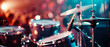 Professional drum set on concert stage with illuminating, spotlights, smoke effect. Music live session. Musician performance background. Poster illustration, banner, flyer.Generative ai
