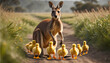 A playful kangaroo with a pouch full of rubber ducklings