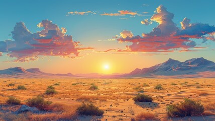 Canvas Print - Panoramic desert landscape at sunset - A breathtaking panoramic view of a desert landscape illuminated by a dramatic sunset sky