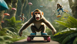 An exuberant monkey wearing roller skates, zipping through a jungle obstacle course