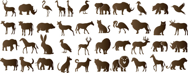 Wall Mural - diverse wildlife animal silhouette, featuring mammals, reptiles, birds in various poses. perfect for