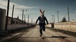 rabbit person in suit running in the street with no people