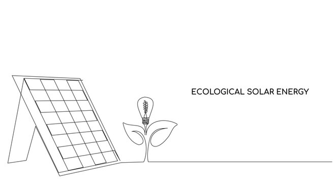 Eco energy, solar panels with sun and plant, green clean energy. Ecological power plant. One solid line. Background with space for text. Hand drawn. Vector