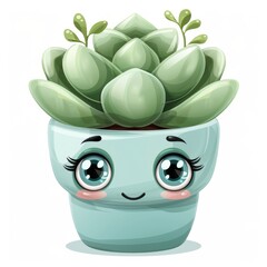 Wall Mural - Cute, succulents - potted houseplant with eyes, kawaii, style, 3d, on a white background, illustration.