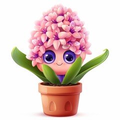 Wall Mural - Cute, pink hyacinths, spring flowers, , in a pot with eyes, kawaii character , style, 3d, on a white background, illustration.