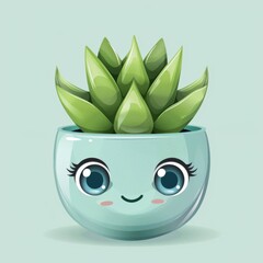 Wall Mural - Cute, succulents - potted houseplant with eyes, kawaii, style, 3d, on a white background, illustration.