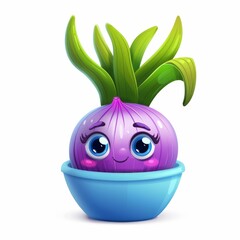 Wall Mural - Cute, onion in a pot with eyes, kawaii character , style, 3d, on a white background, illustration.