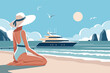 Vacation time. Woman on the beach in a swimsuit close-up with a yacht on the background of the sea. Vector illustration in a minimalistic style.