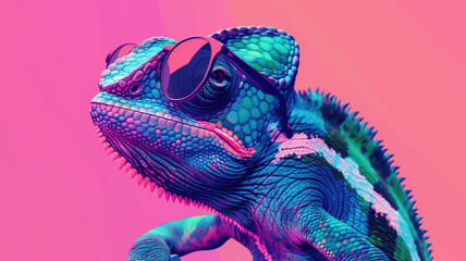 Fashionable Chameleon: Sunglasses on Solid Color Background, Vector Art with Minimalistic Faceted Design and Abstract Panorama Background - Unique Generative AI Illustration