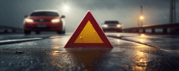 Wall Mural - Red warning triangle is on wet road while bad weather, car accident, banner. Generative Ai.